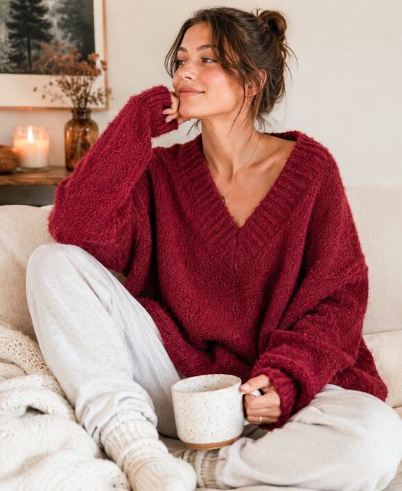 aerie Sweaters - Aerie Red Fuzzy Oversized V-Neck Sweater Red Cozy Wool Blend Knit Size Small